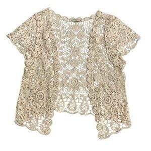 Vivid Importers lace top/beige cotton cap sleeve drape front open front cardigan